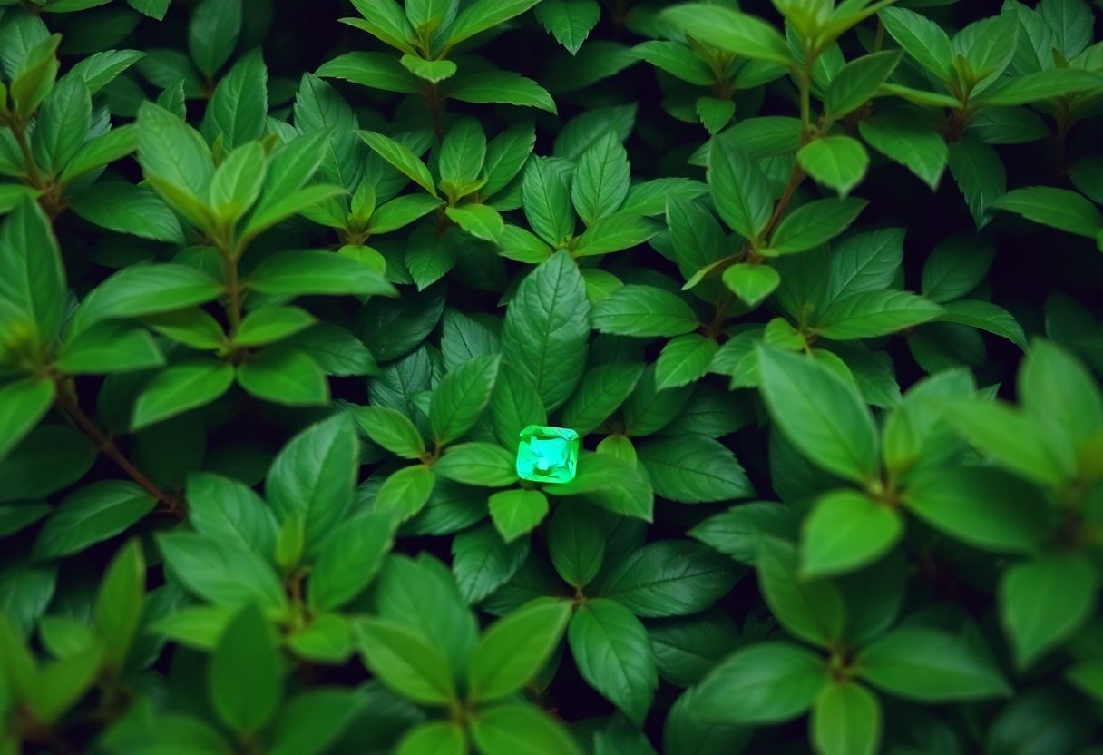 A hidden emerald gemstone shines in a vibrant green forest.