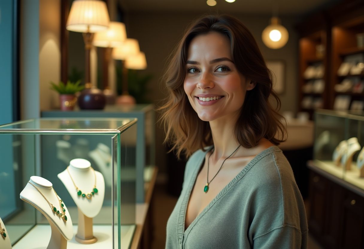 A woman admiring an emerald necklace in a boutique. A woman admiring an emerald necklace in a boutique.