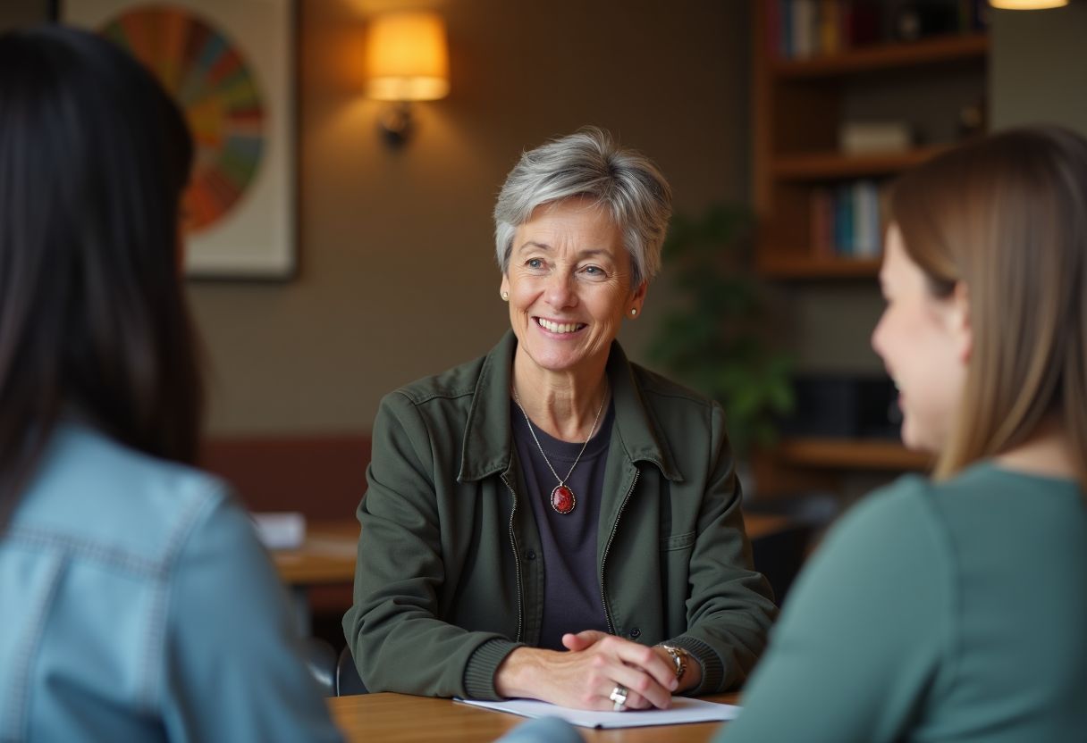A middle-aged person leads a team meeting in a cozy office.