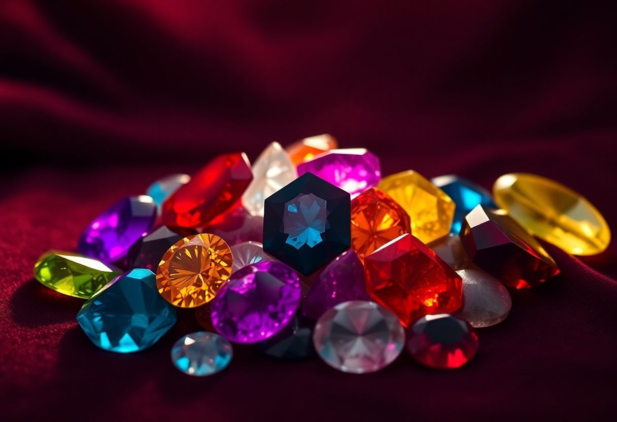 A cluster of vibrant gemstones arranged against a rich velvet background.