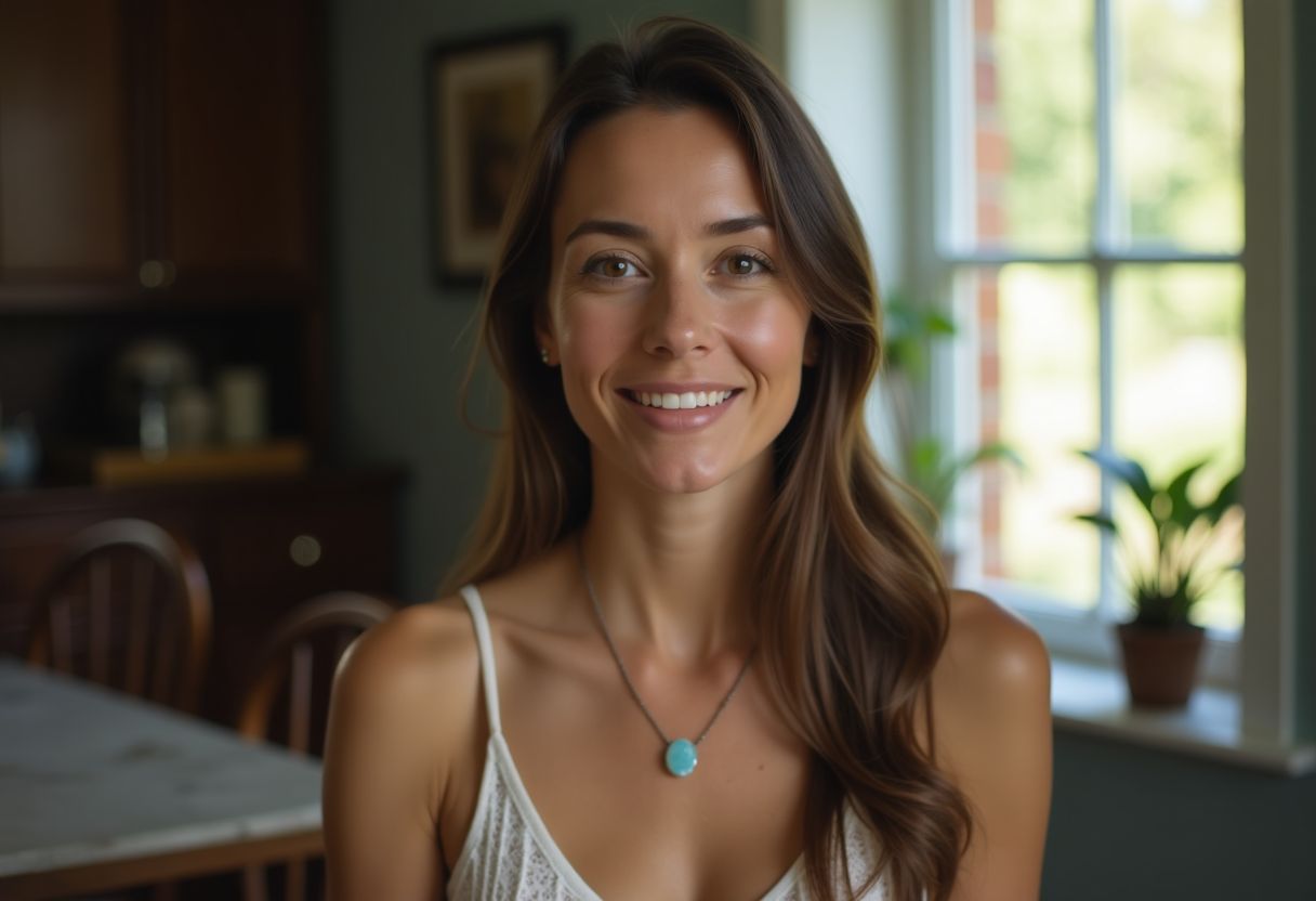 A woman in her thirties wearing a natural opal necklace.