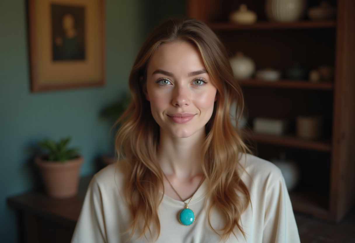 A young woman wearing a turquoise pendant in a rustic setting.