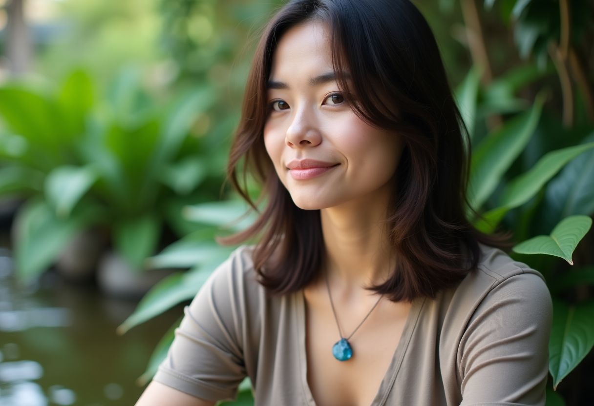 A woman in her 30s sitting in a garden with plants.
