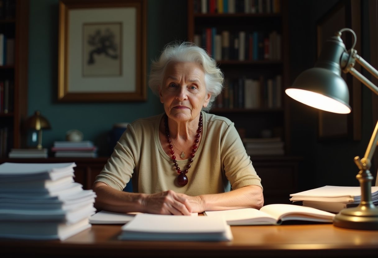 Elderly woman at cluttered desk wearing garnet necklace with focused expression.