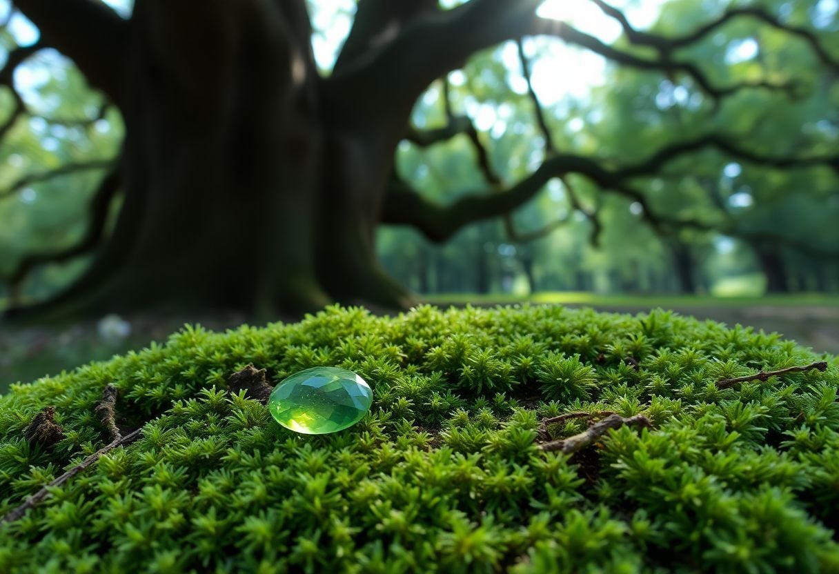 A peridot gemstone lies on green moss in a peaceful forest.