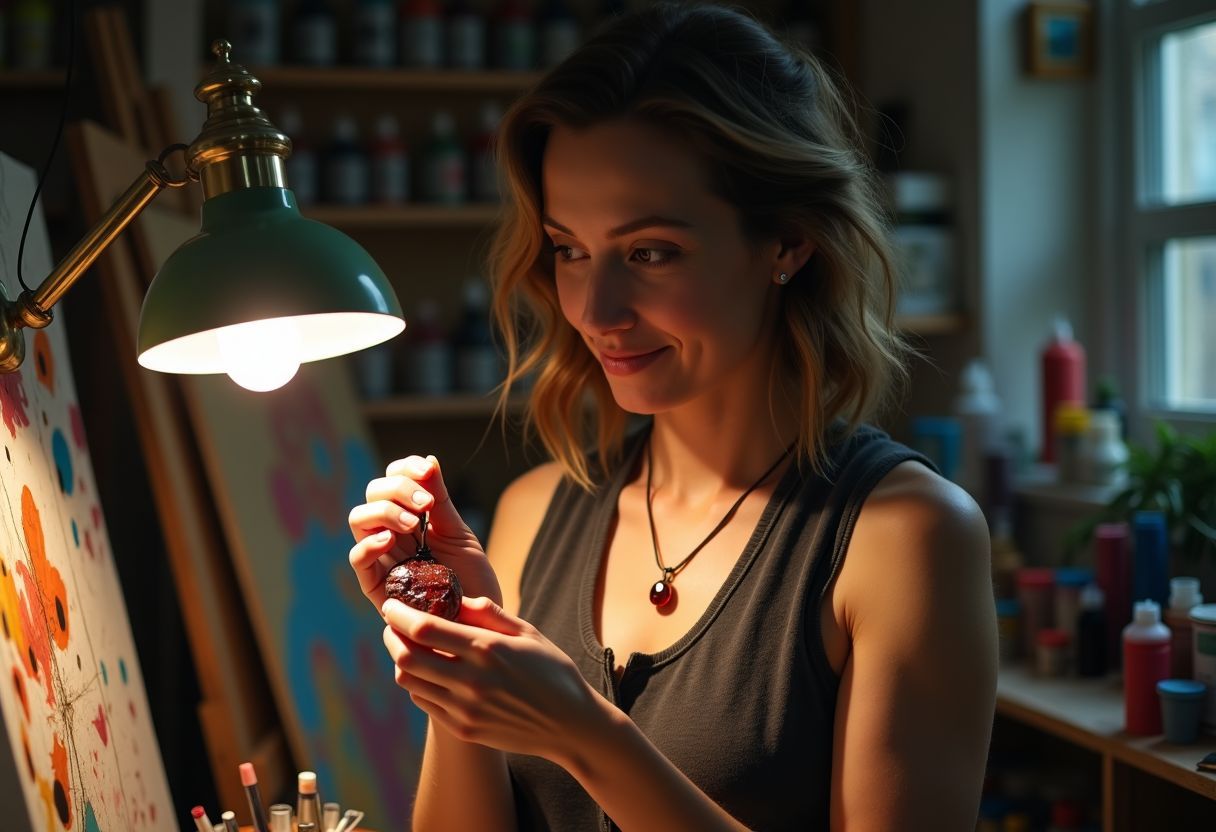 A woman in a cozy art studio admires a garnet pendant.