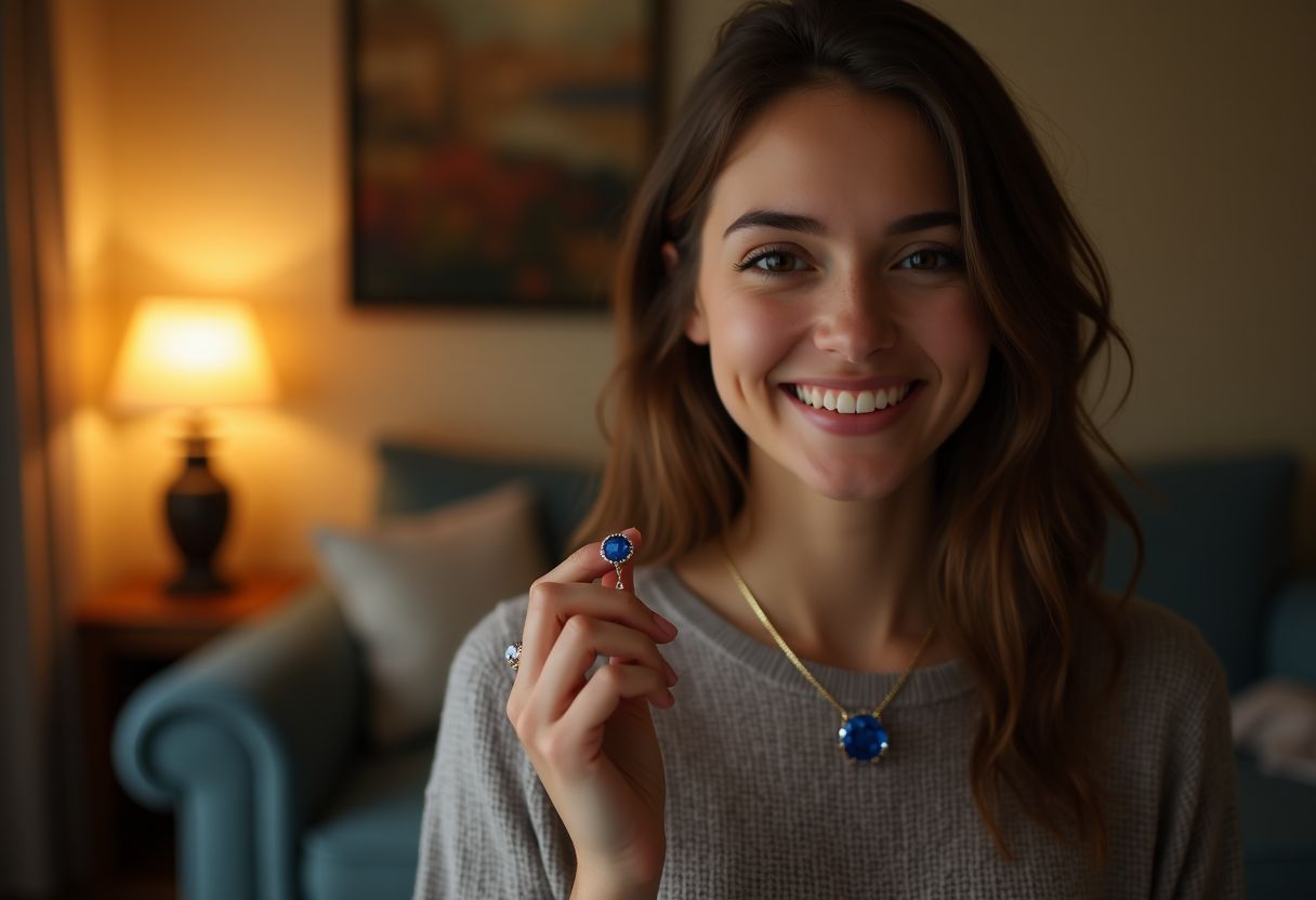 A woman in her 30s holding a blue sapphire necklace in a cozy living room.