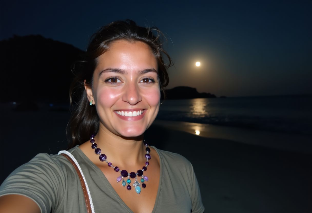 A person standing on a moonlit beach at night.