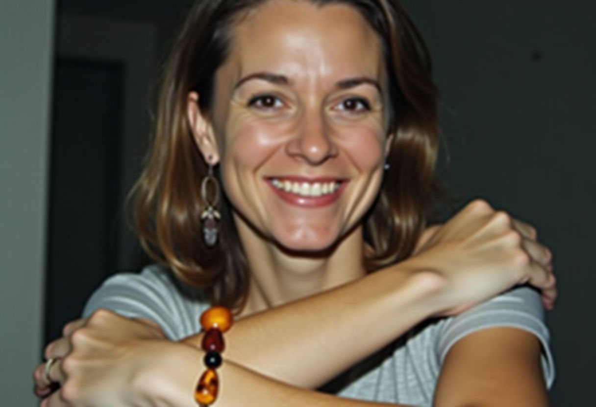 A woman in her mid-30s wearing a gemstone bracelet in a casual photo.