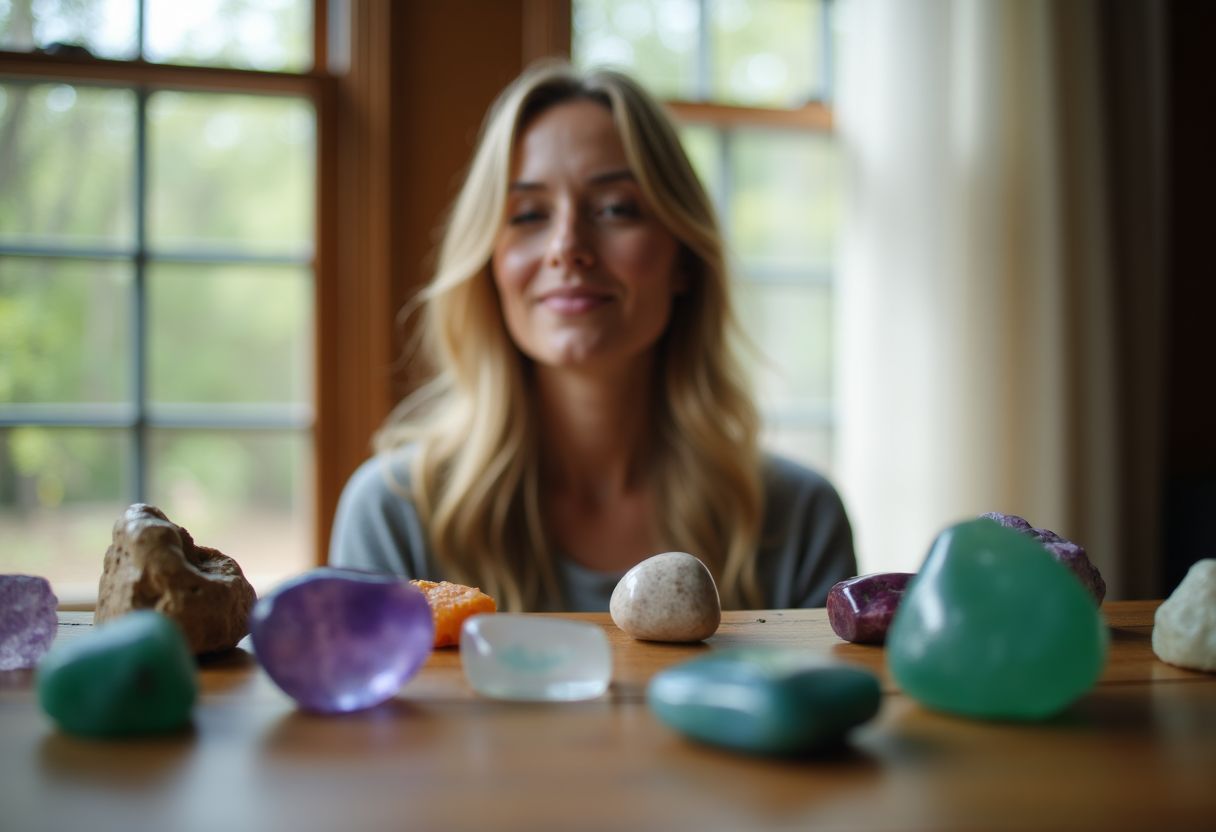 A woman sitting in a room surrounded by gemstones, creating a calm atmosphere.