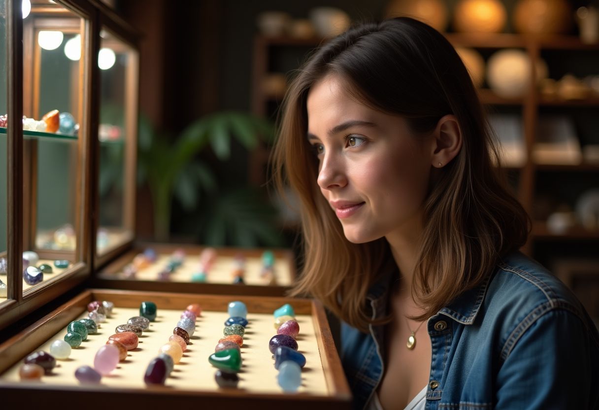 A young woman looks at Sagittarius birthstones in an antique jewelry shop. A young woman looks at Sagittarius birthstones in an antique jewelry shop.