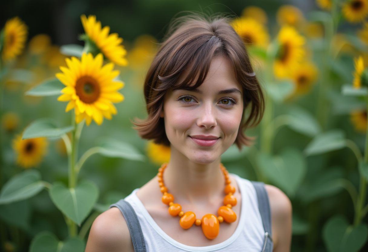 A young woman wearing a bold orange citrine necklace stands in a garden.