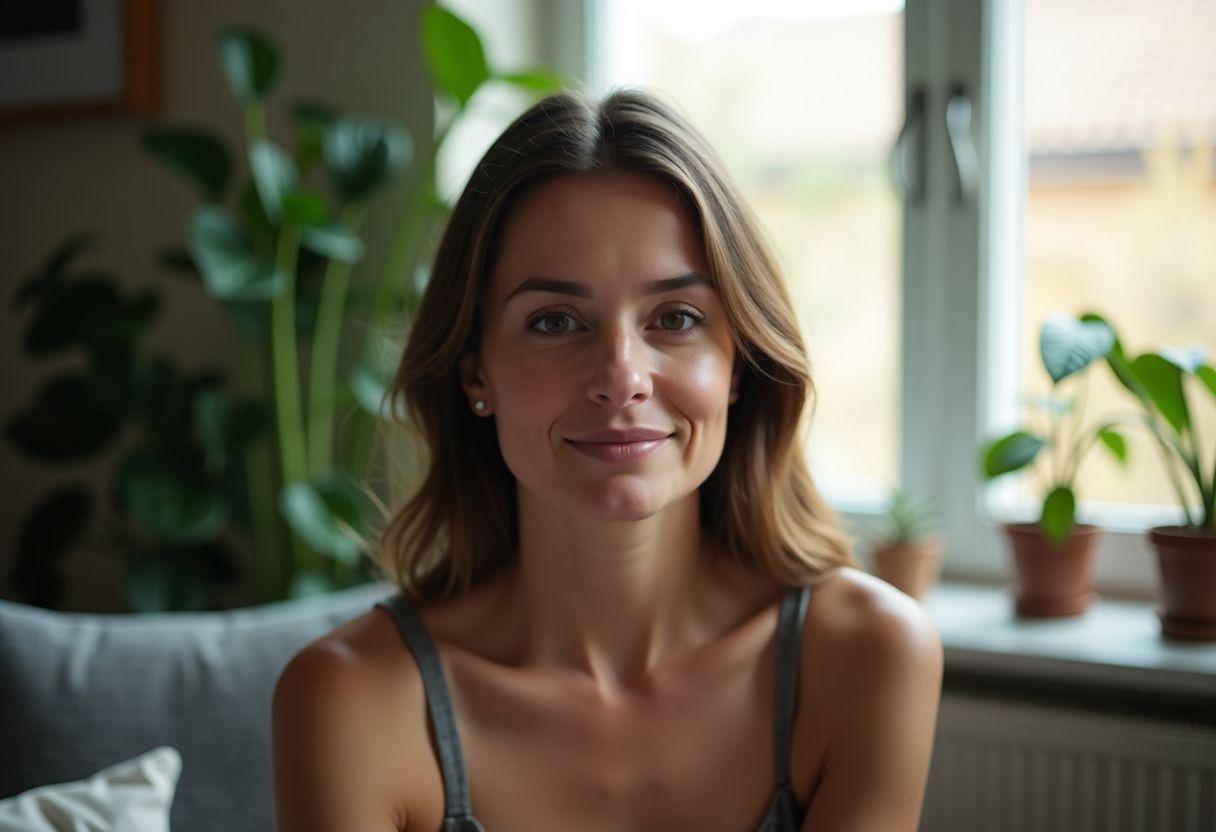 A woman in her 30s sits in a cozy room with plants. A woman in her 30s sits in a cozy room with plants.