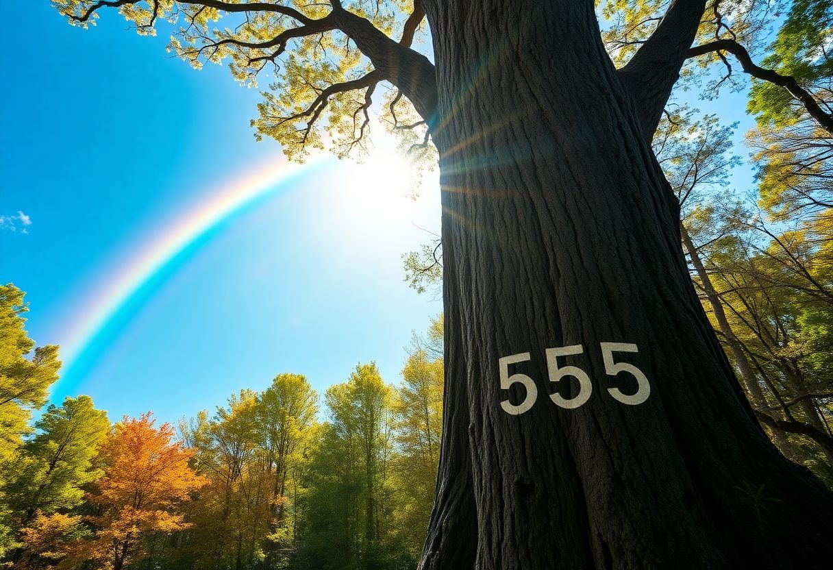 A vibrant rainbow arches over an ancient tree with carved numbers.
