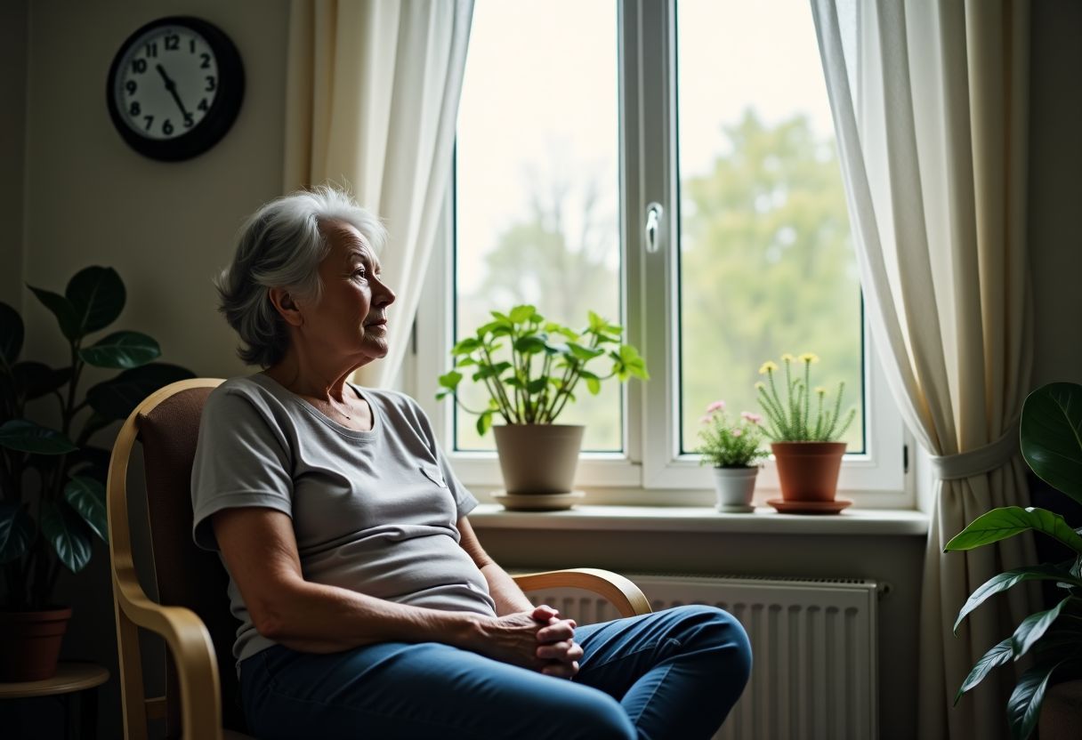 An elderly woman sits by a window surrounded by houseplants. An elderly woman sits by a window surrounded by houseplants.