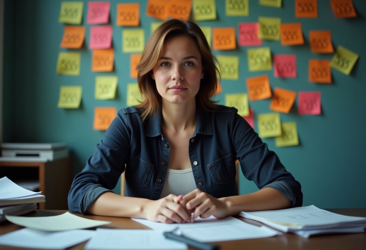 A woman sits at a messy desk surrounded by scattered papers.