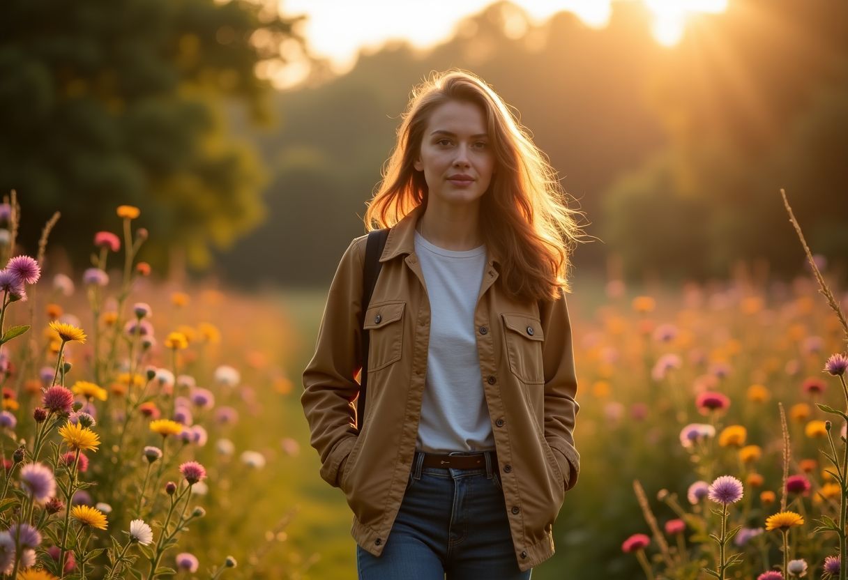 A woman walking in a forest surrounded by wildflowers at sunrise. A woman walking in a forest surrounded by wildflowers at sunrise.