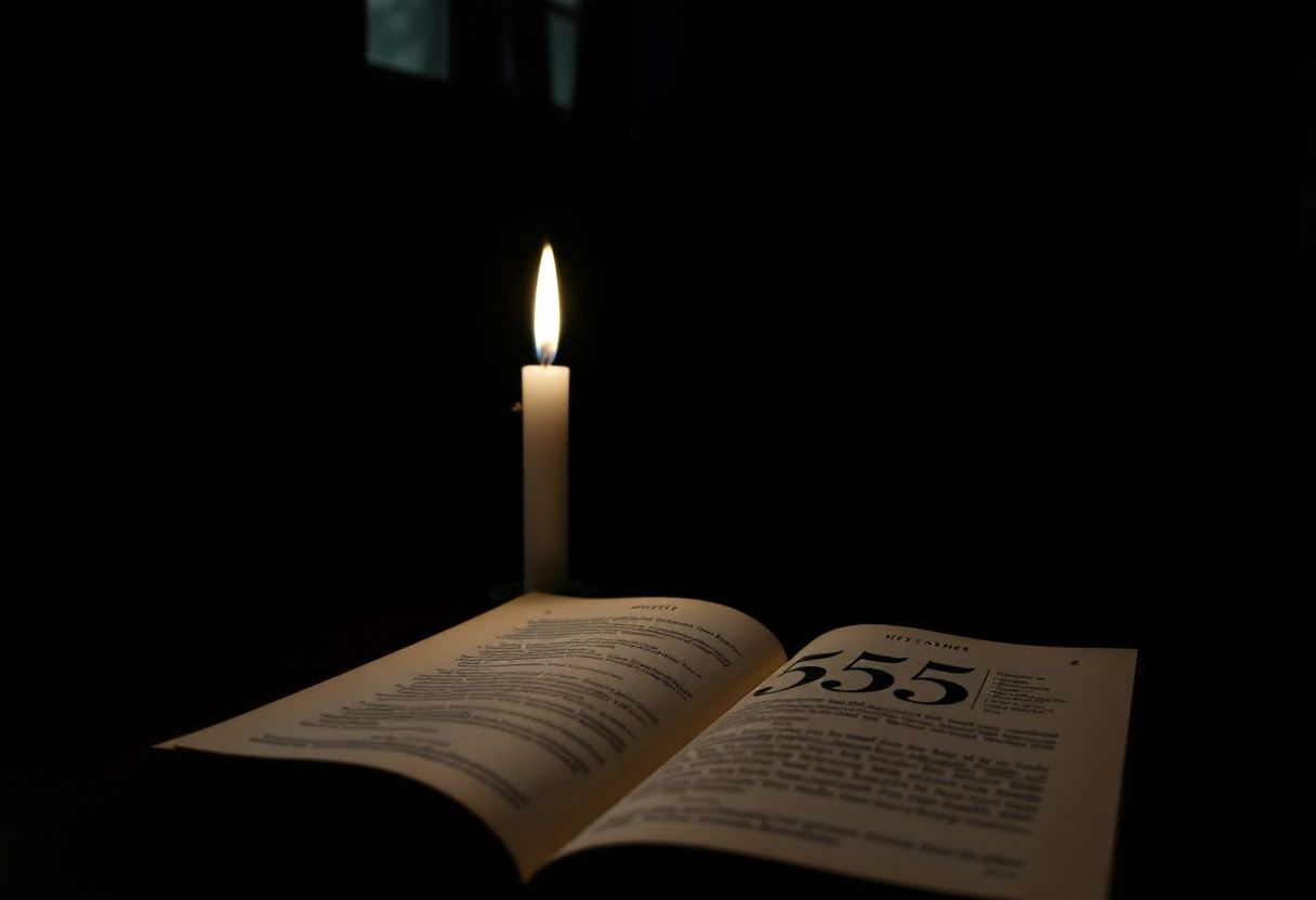 A single white candle burns beside an open book with the page showing the number 555.