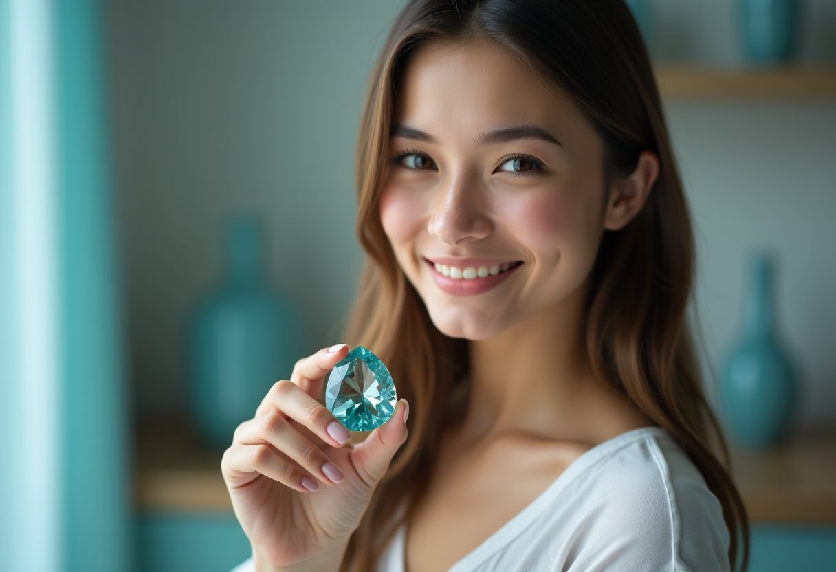 A woman holds an aquamarine gemstone with calming blue decor. A woman holds an aquamarine gemstone with calming blue decor.