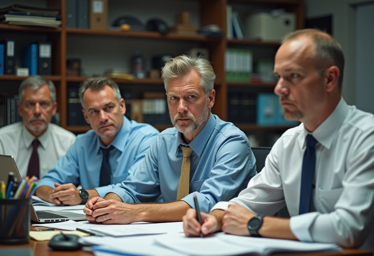 A group of tired professionals working in a cluttered office environment.