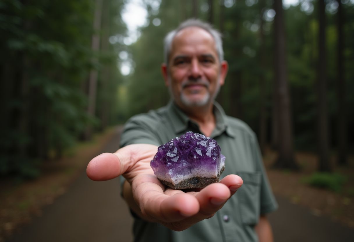 A person holding an amethyst gemstone in a natural setting.