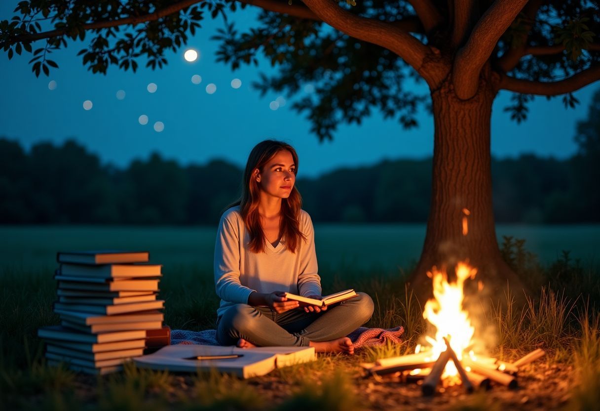 A woman sits under a tree with books, gazing at the stars.