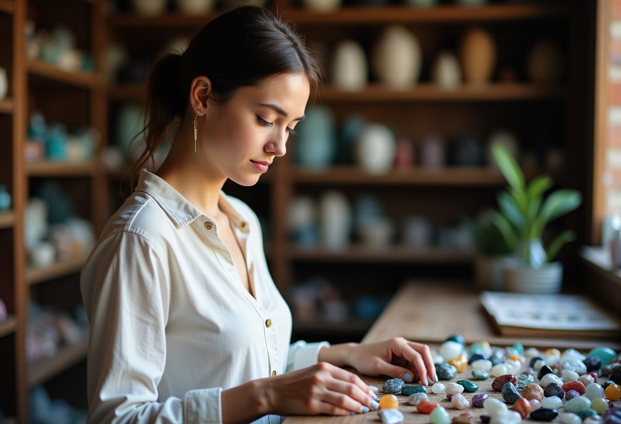 A woman in a crystal shop browsing gemstone selection.