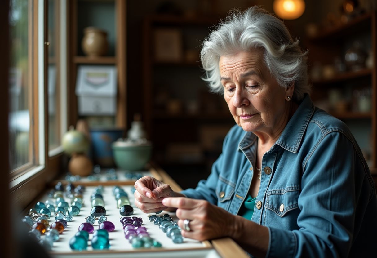 An elderly woman admiring birthstones in a vintage jewelry shop. An elderly woman admiring birthstones in a vintage jewelry shop.