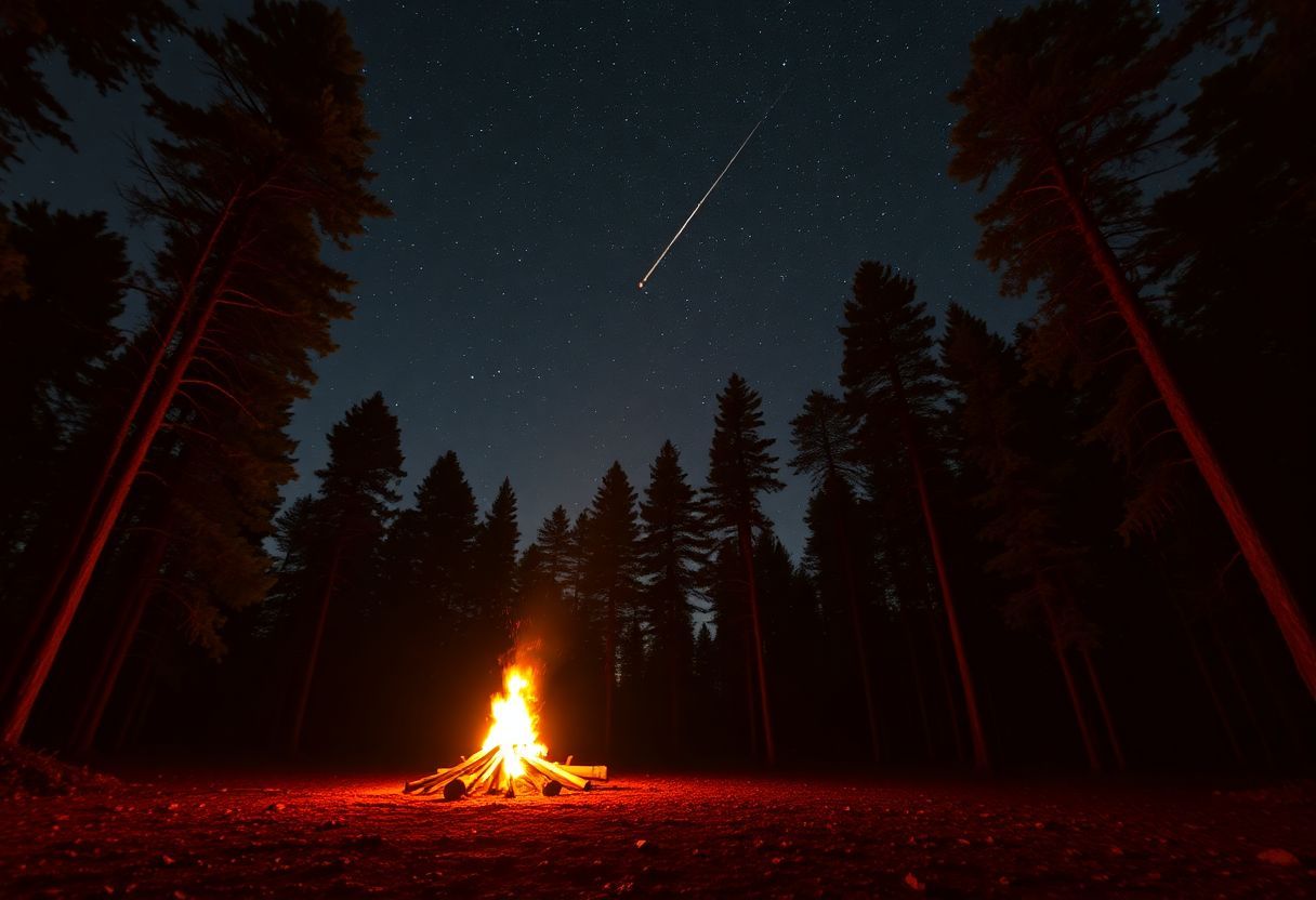 A campfire burns in a forest clearing under a starry sky.