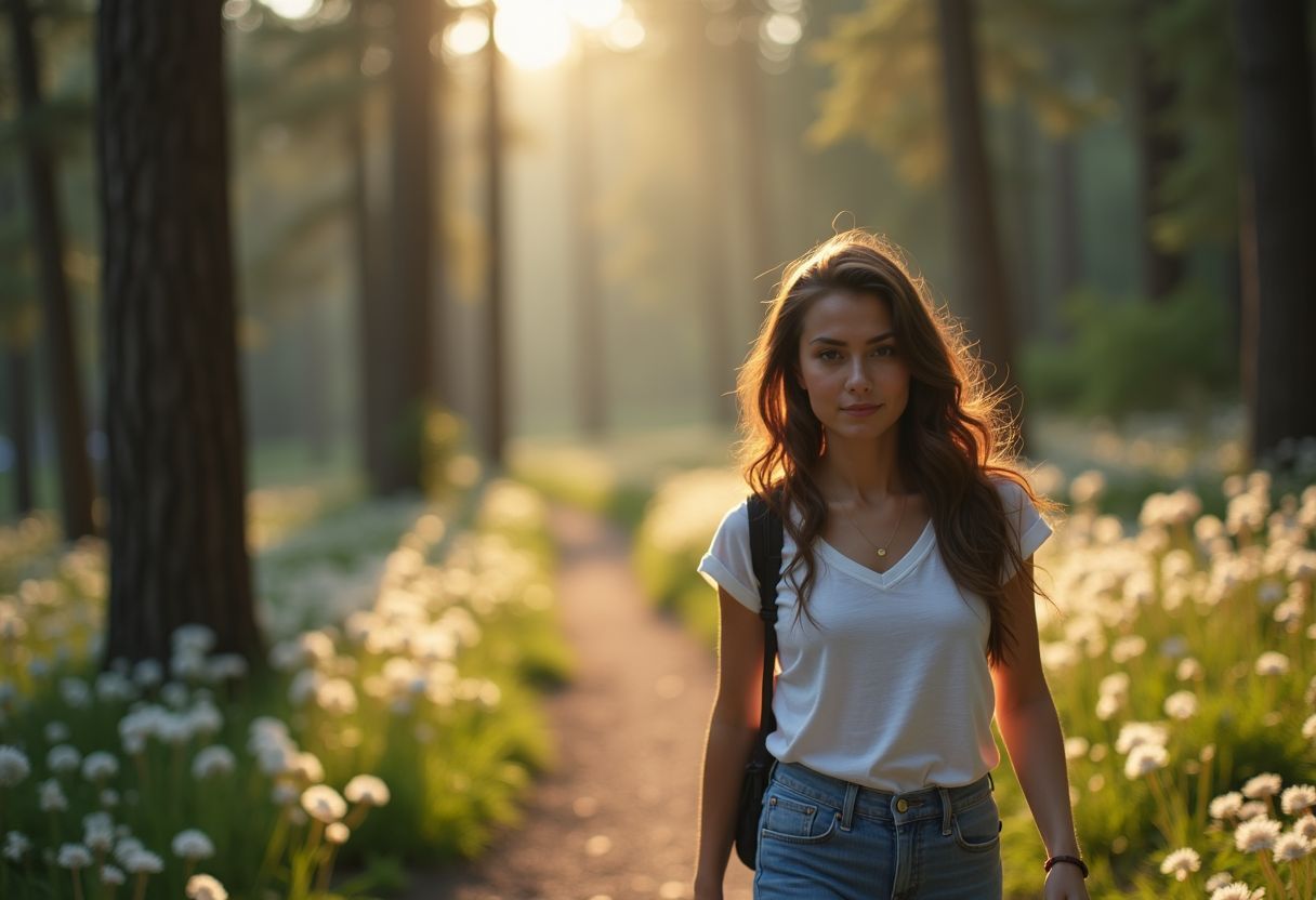 A young woman casually explores a crystal-lined forest trail.