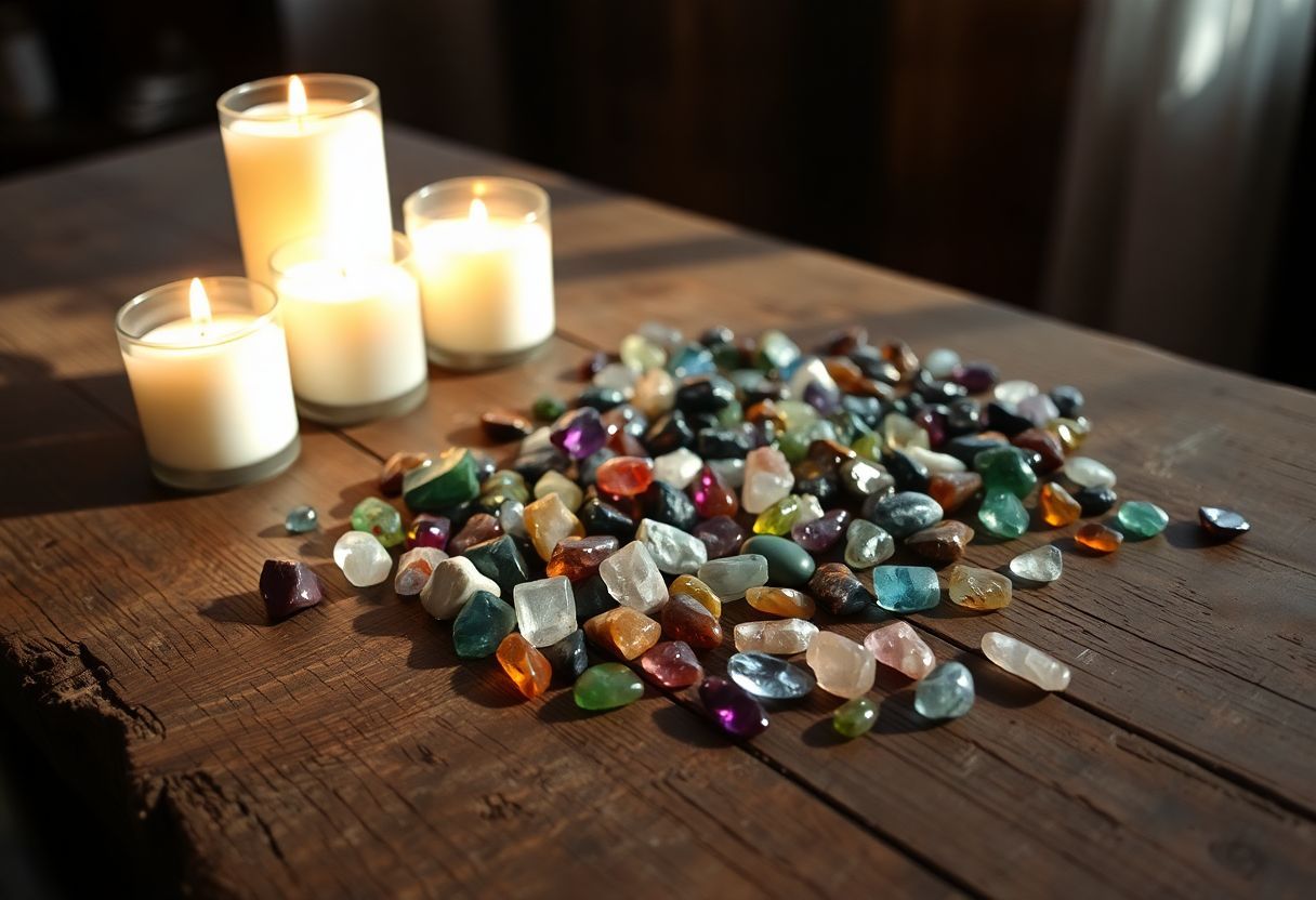 A wooden table adorned with colorful gemstones in soft lighting.