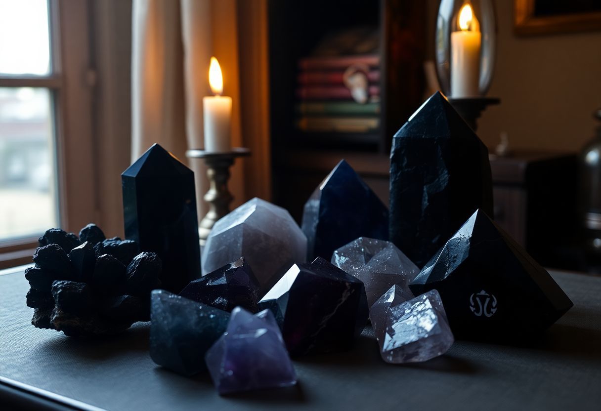 A collection of dark Scorpio-themed crystals in a dimly lit room. A collection of dark Scorpio-themed crystals in a dimly lit room.