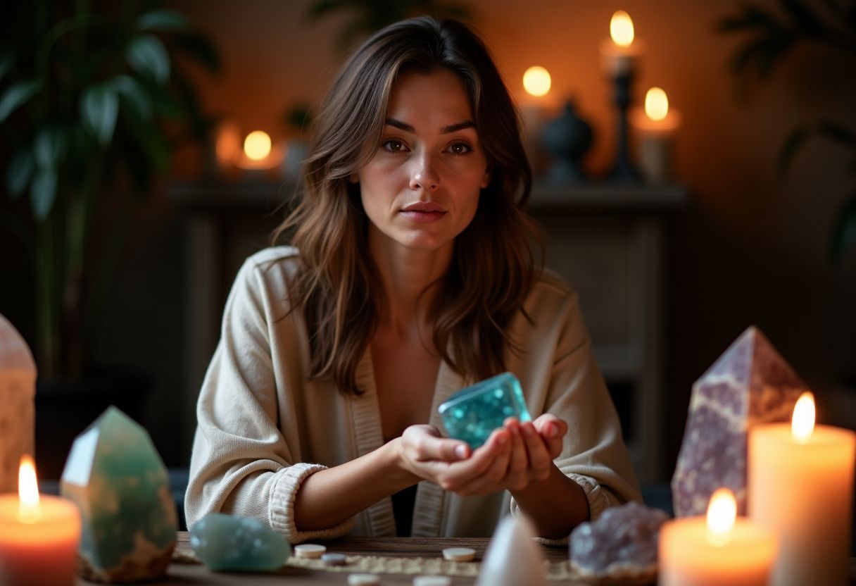 Una mujer de unos 30 años sostiene una piedra preciosa grande en una acogedora habitación llena de cristales y velas.