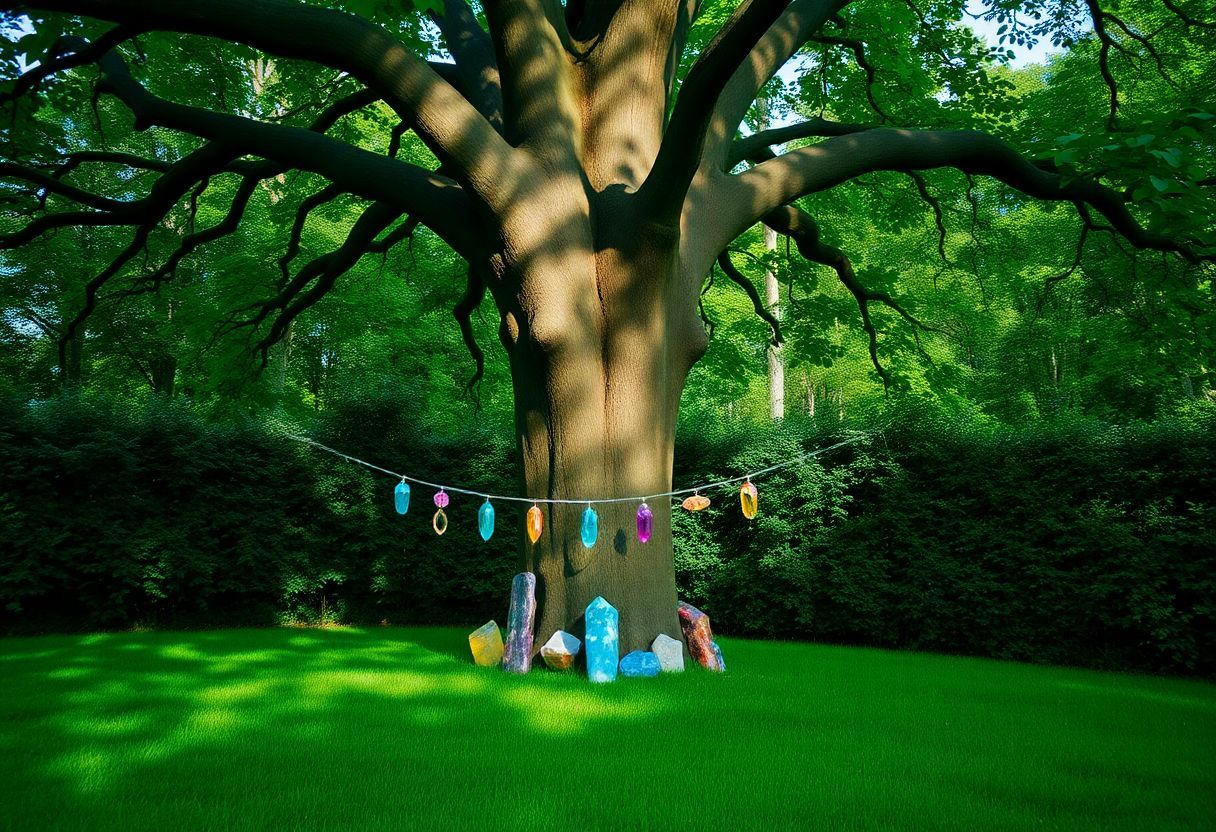 A peaceful garden with a strong oak tree and colorful crystals. A peaceful garden with a strong oak tree and colorful crystals.