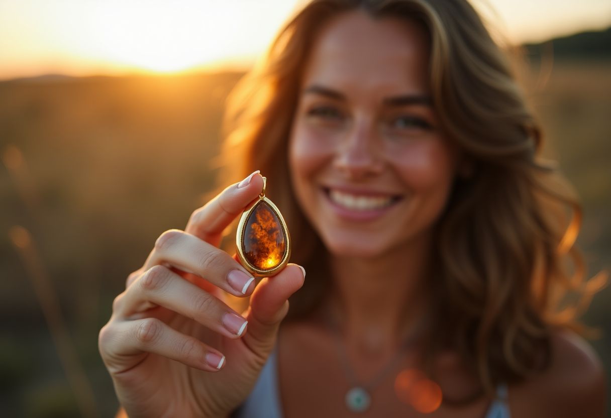 A woman holding a gold tiger's eye crystal pendant in her hand. A woman holding a gold tiger's eye crystal pendant in her hand.