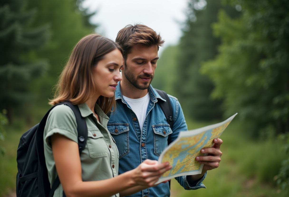 A couple in their 30s hiking through a forest using a map.