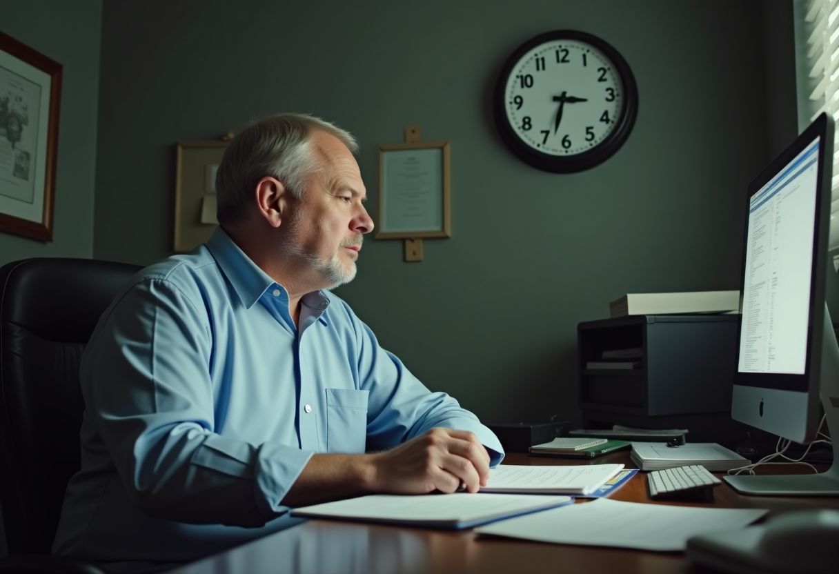 Um homem senta-se em uma mesa desordenada, esperando ansiosamente pelo fim do dia de trabalho.