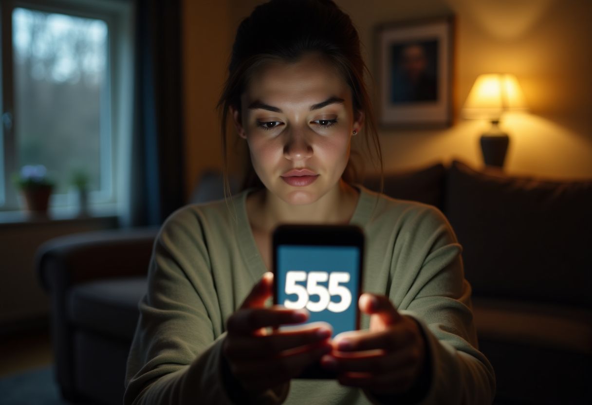 A woman looks curiously at her phone displaying the number 555.