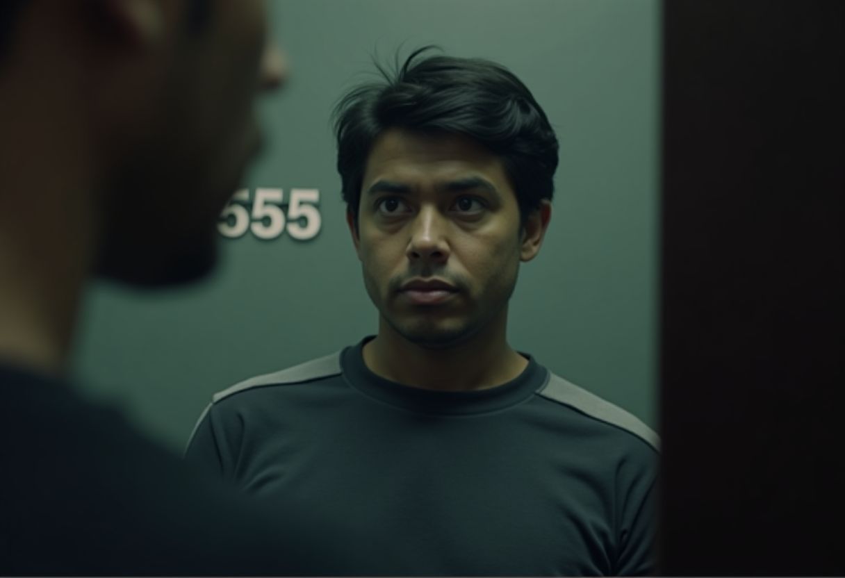 A person reflects on relationship issues in front of a mirror.