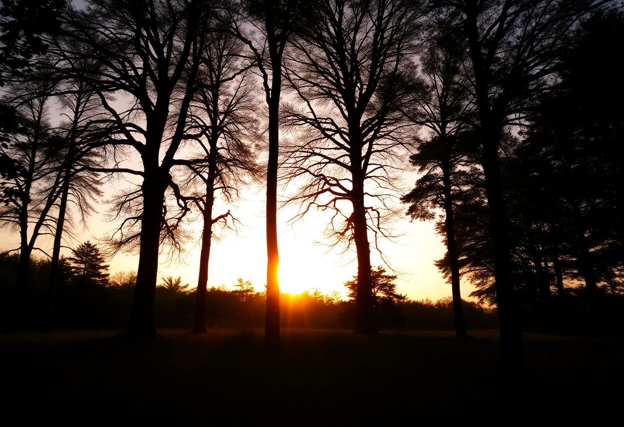 A peaceful forest clearing with five tall trees at sunset.