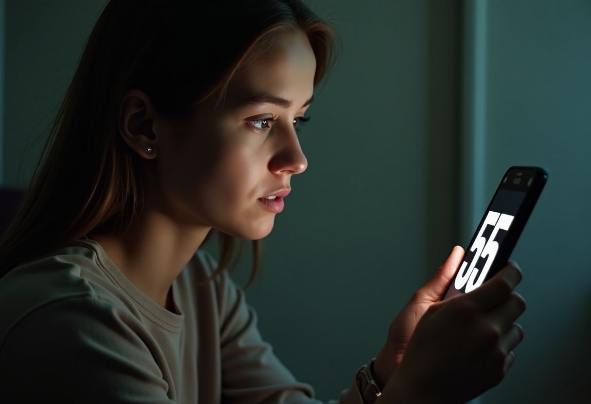 A young woman sits in a dimly lit room, looking at her phone. A young woman sits in a dimly lit room, looking at her phone.