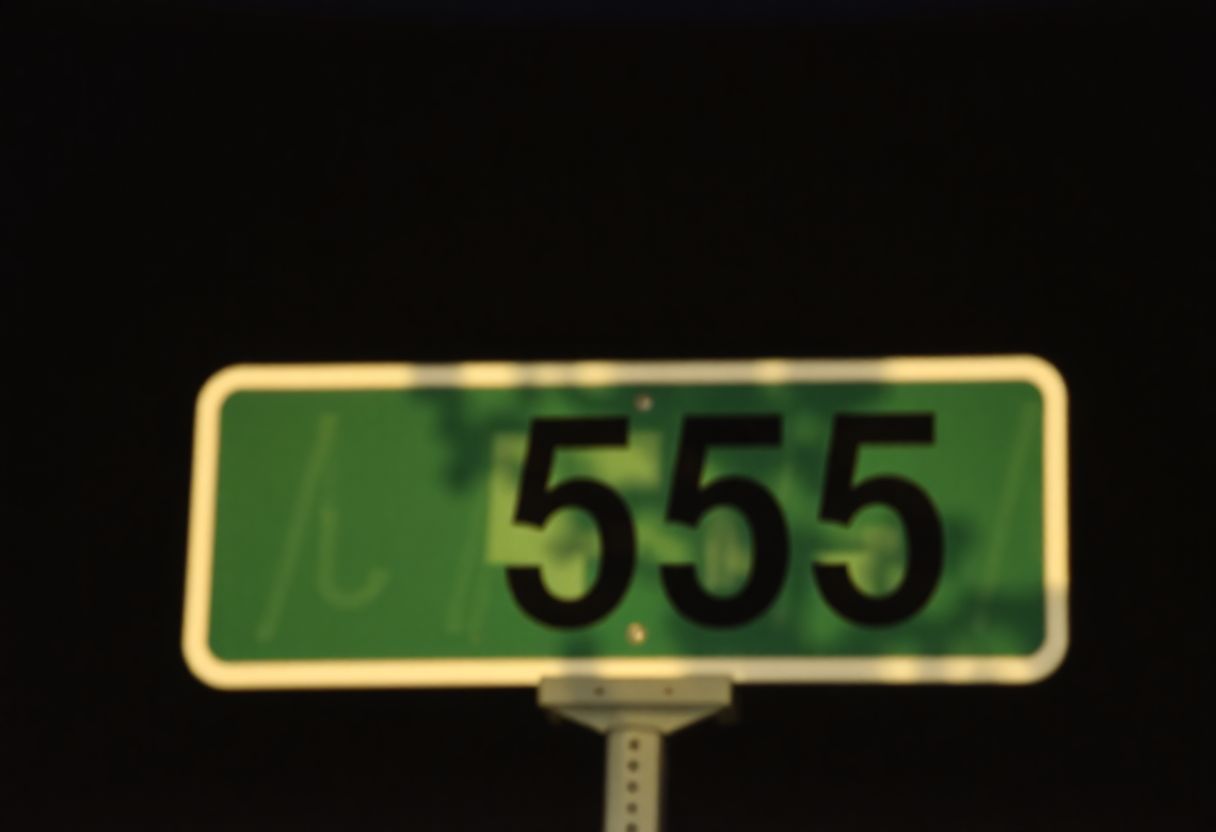 A blurry street sign showing the number 555 at night.