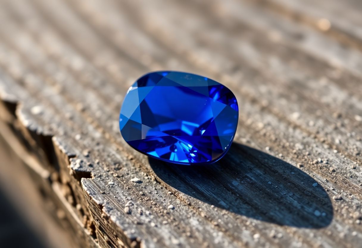 A close-up photo of a deep blue sapphire gemstone on wood.