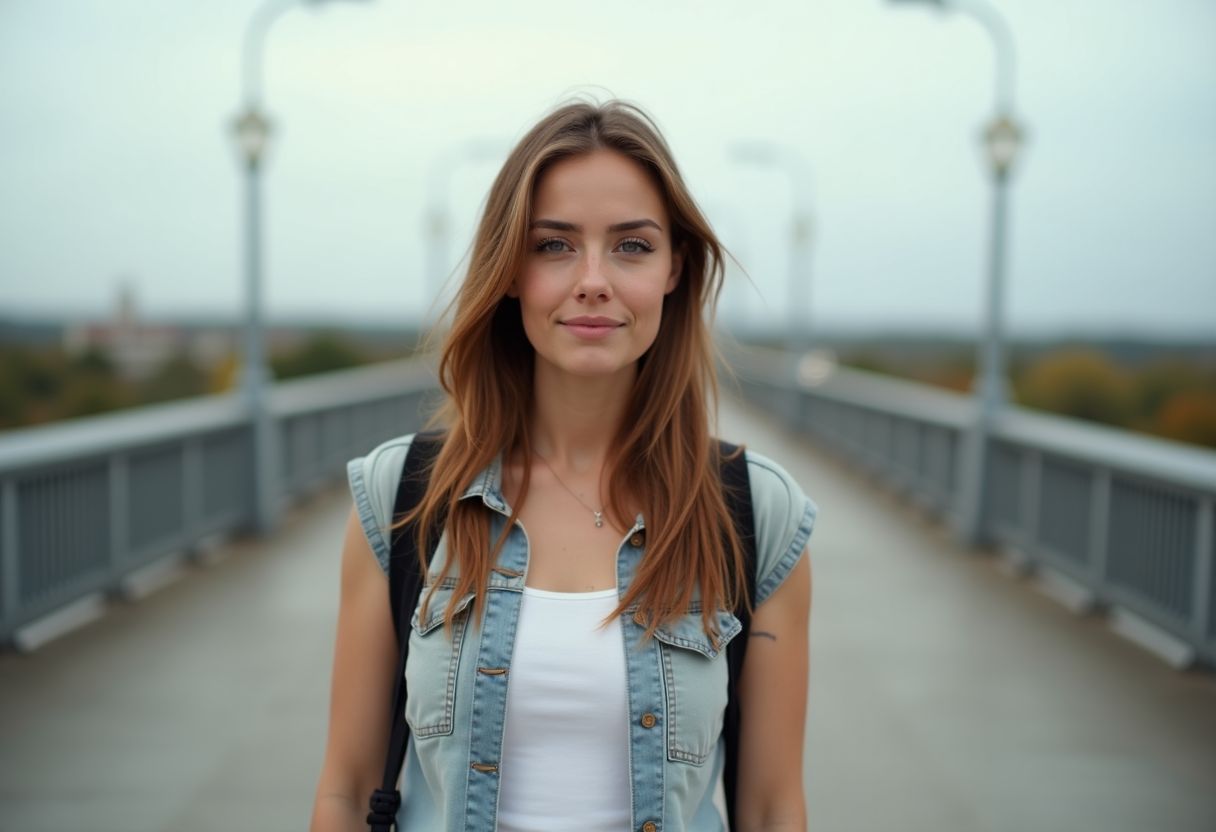 A woman in her late 20s standing on a bridge in a wide open landscape. A woman in her late 20s standing on a bridge in a wide open landscape.
