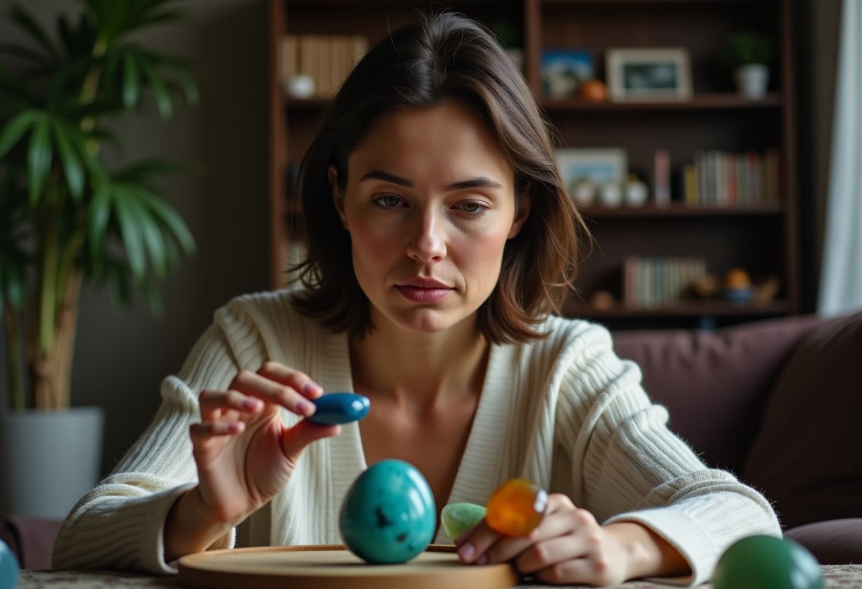 A woman examines gemstones in a cozy living room.