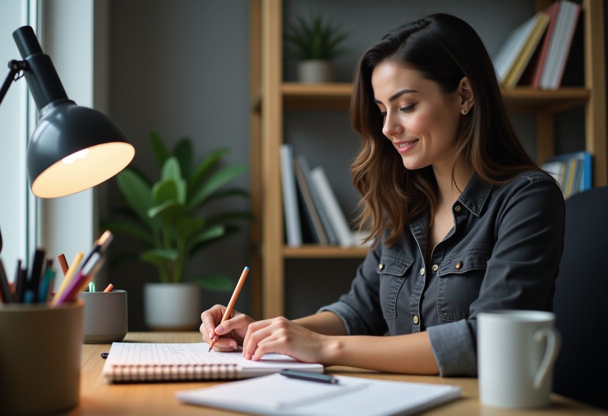 A mid-30s Virgo woman organizes her home office desk. A mid-30s Virgo woman organizes her home office desk.
