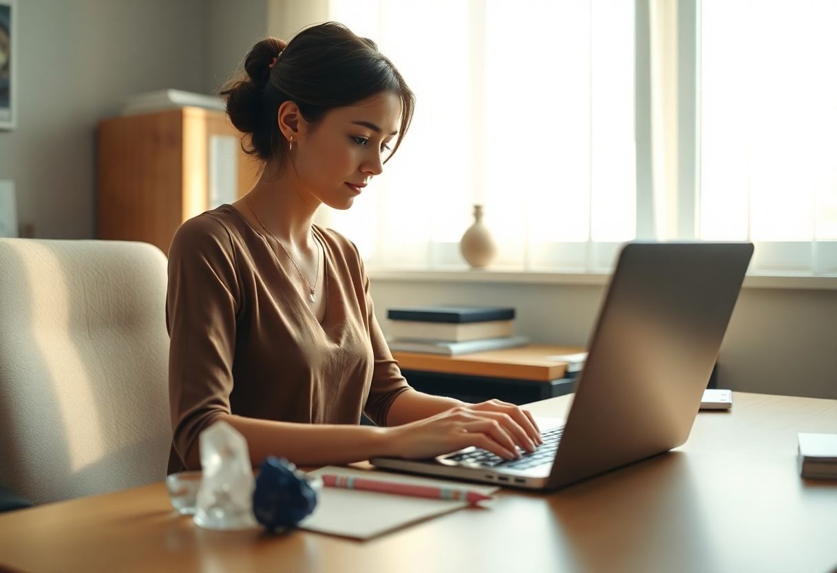 A focused Virgo sitting at a tidy desk with clear quartz and lapis lazuli crystals.