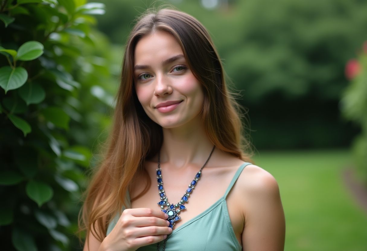 A young woman holds a blue sapphire and peridot necklace in a garden.