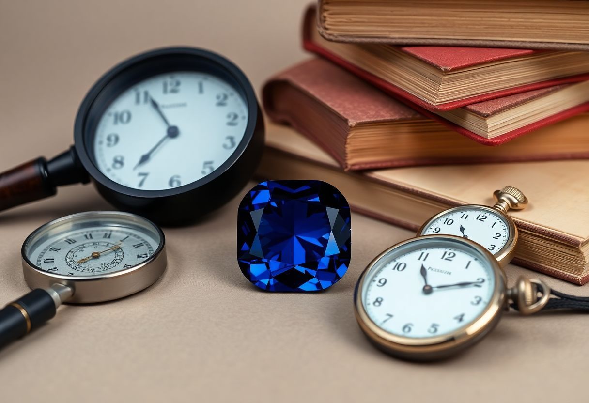 A sapphire gemstone, magnifying glass, pocket watch, and books.
