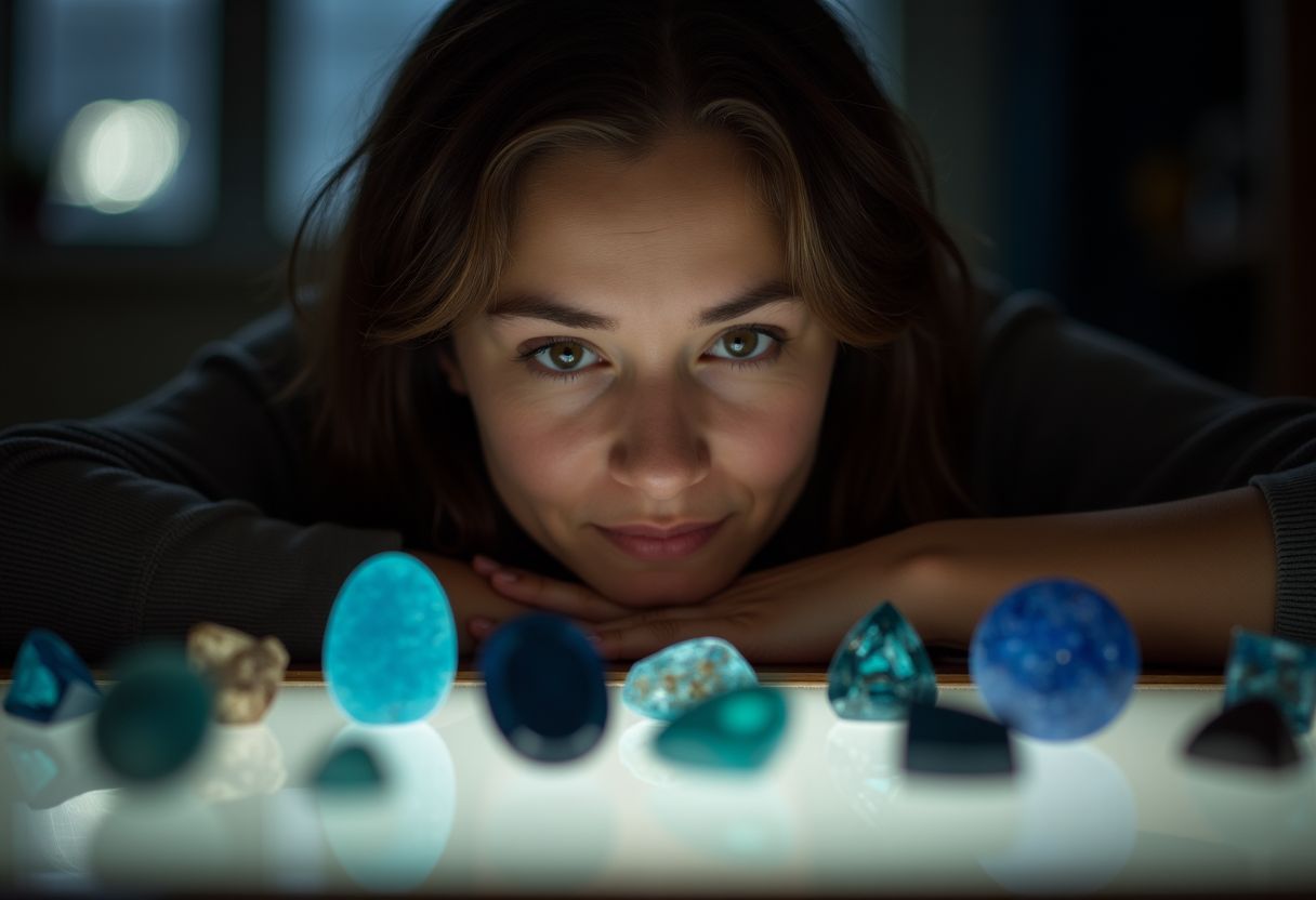 A person admires a collection of Scorpio birthstones in a display.